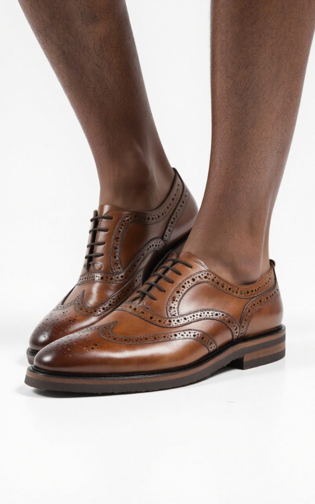 A male model wearing Brogue shoes with punched   out designs, against a white background, with a close   up of the feet